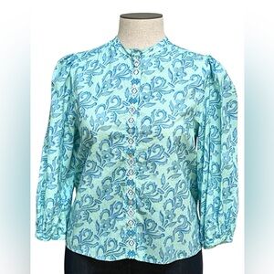 Sundance Blue Puff Sleeve Blouse with Mandarin Collar